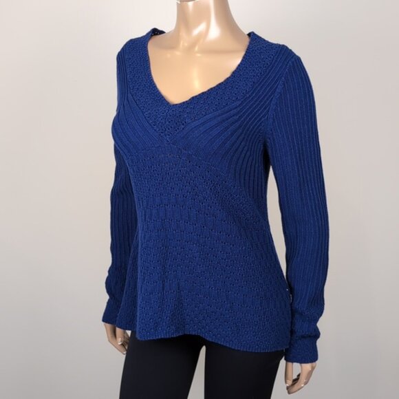 Vintage Y2K Calvin Klein Jeans Open Knit Sweater Vneck Blue Flare A-Line Top - Picture 3 of 12